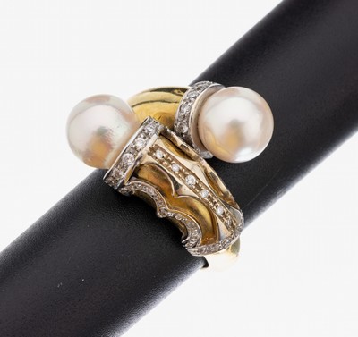 Image 18 kt Gold Zuchtperl-Brillant-Ring, GG/WG 750/000, 2 feine l. rosefarb. Zuchtperlen, D. ...