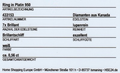 26960038a - Platin Brillant-Ring, PT 950/000, 7 Brillanten zus. ca. 0.56 ct Weiß/lupenrein, ...