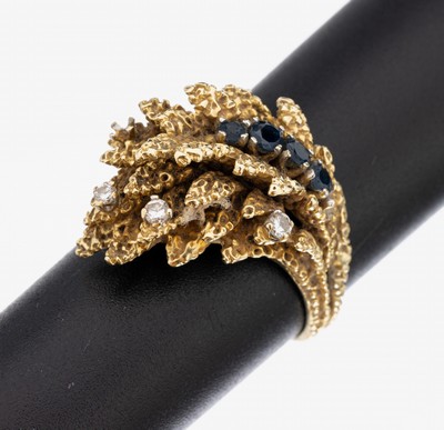 Image 14 kt Gold Saphir-Brillant-Ring, GG 585/000, plastisches, florales Motiv, 4 Saphire ...