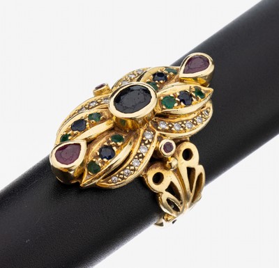 Image 18 kt Gold Brillant-Farbstein-Ring, GG 750/000, 20 Brillanten zus. ca. 0.10 ct ...
