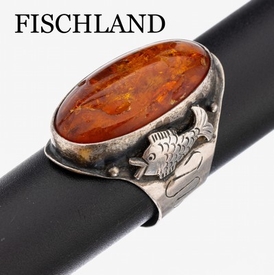 Image 26960085 - FISCHLAND Bernstein-Ring, 1950/60er Jahre, 835er Silber, Meistermarke G. KRAMER ...