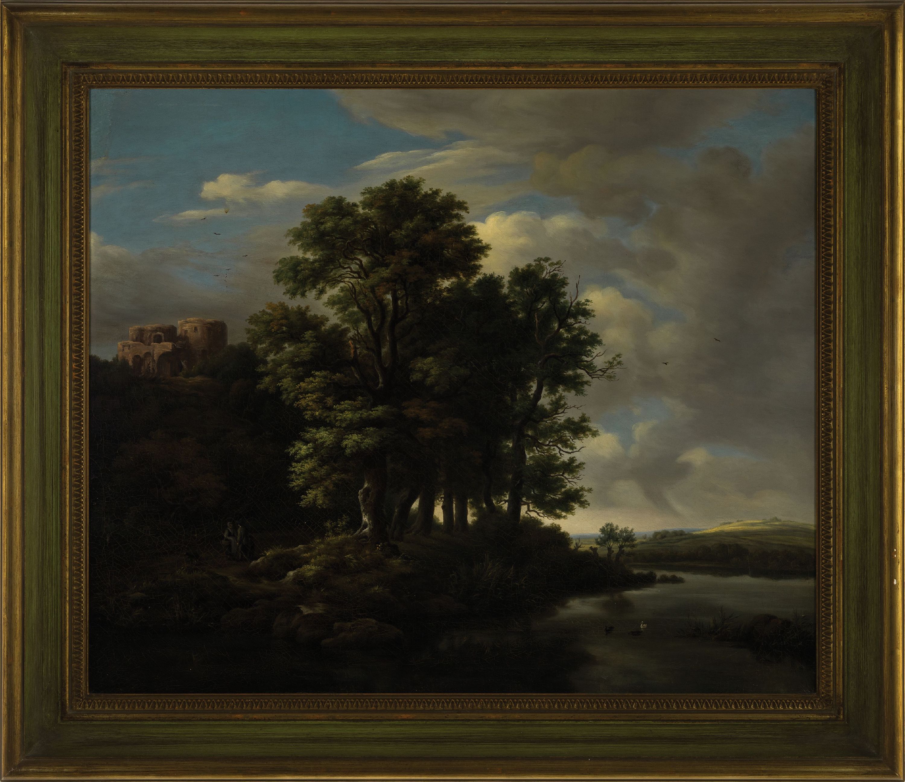Detail k: Unbekannter Spätromantiker, 2. Hälfte, 20. Jh., Ruinenlandschaft mit Paar und Blick in die Weite, Öl/Lwd, l. rest., ca. 58 x 69 cm, Rahmen ca. 73 ...