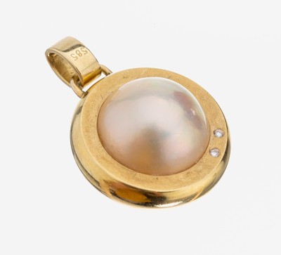 Image 26960620 - 14 kt Gold Perl-Brillant-Anhänger, GG 585/000, schlicht rund, mittig Mabeperle, D. ...