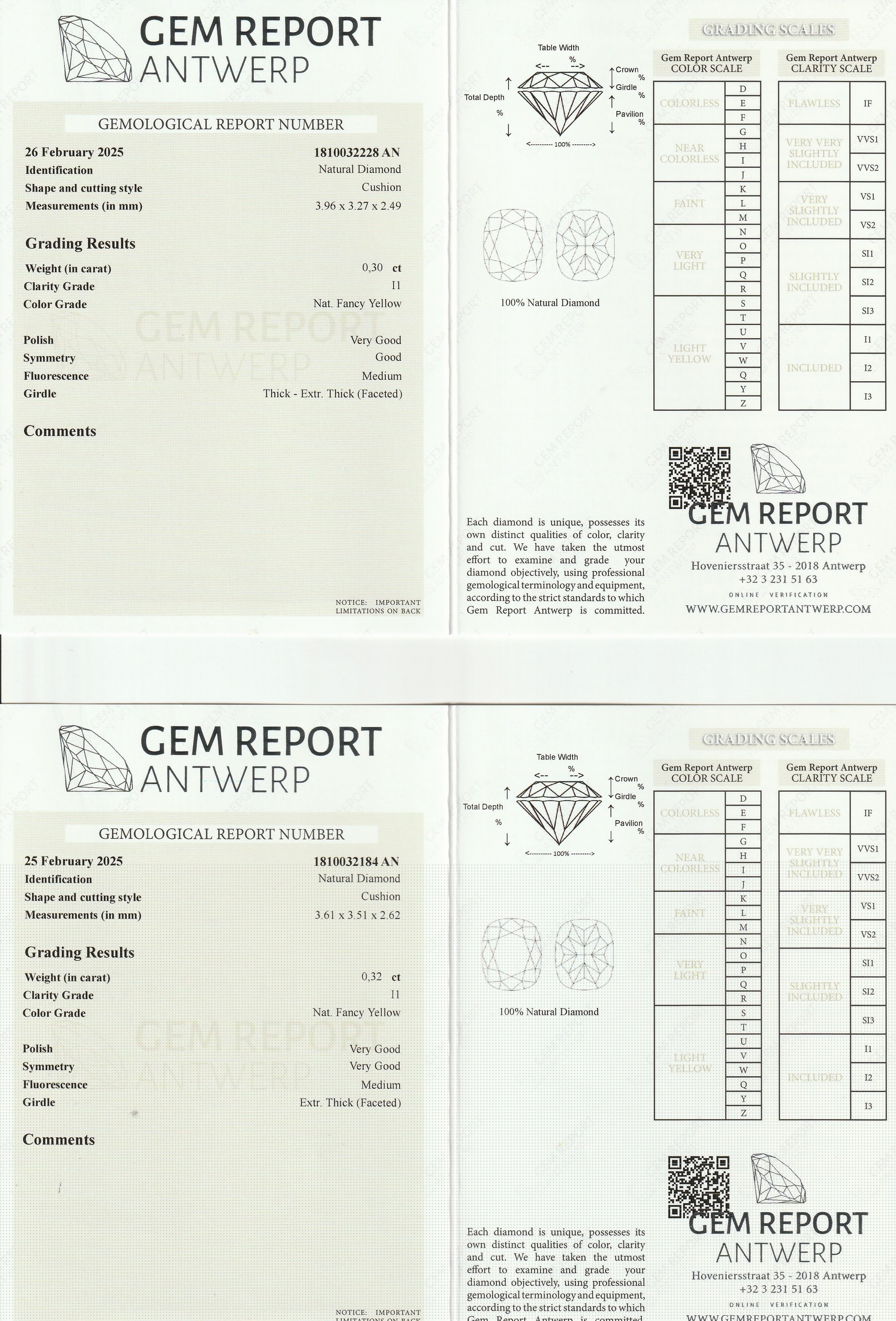 Detail b: Lot 2 lose Diamanten, Cushion Cut, 1 x 0.32 ct1 x 0.30 ct, nat. fancy yellow/p1, jeweils mitGemReport Expertise