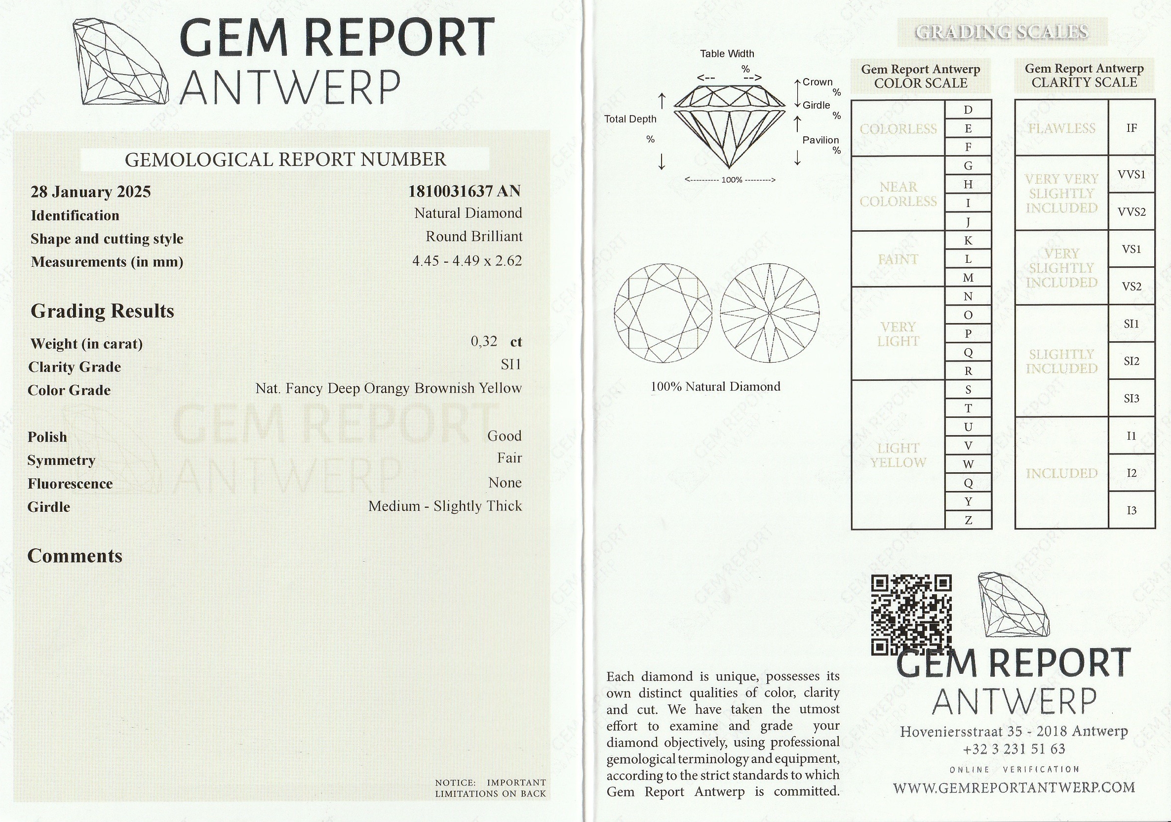 Detail d: Loser Brillant, 0.32 ct nat. fancy deep orangybrownish yellow/si1, mit GemReport Expertise