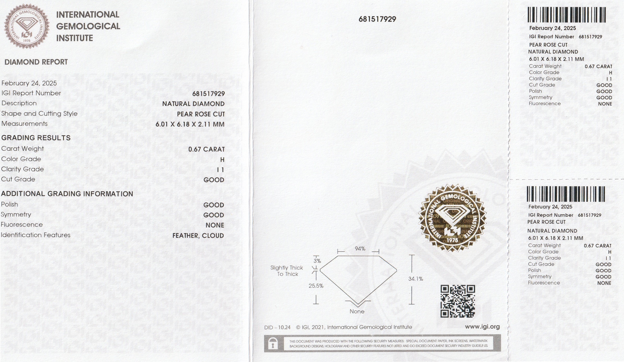 Detail a: Lose Diamantrose, 0.67 ct Weiß(H)/p1, eingeschweißt, mit IGI-Expertise