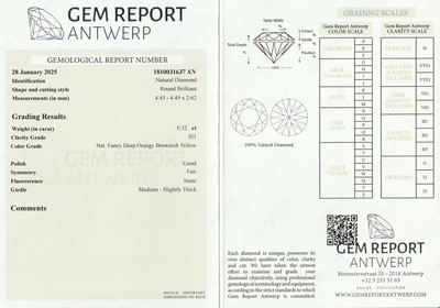 26960729d - Loser Brillant, 0.32 ct nat. fancy deep orangybrownish yellow/si1, mit GemReport ...