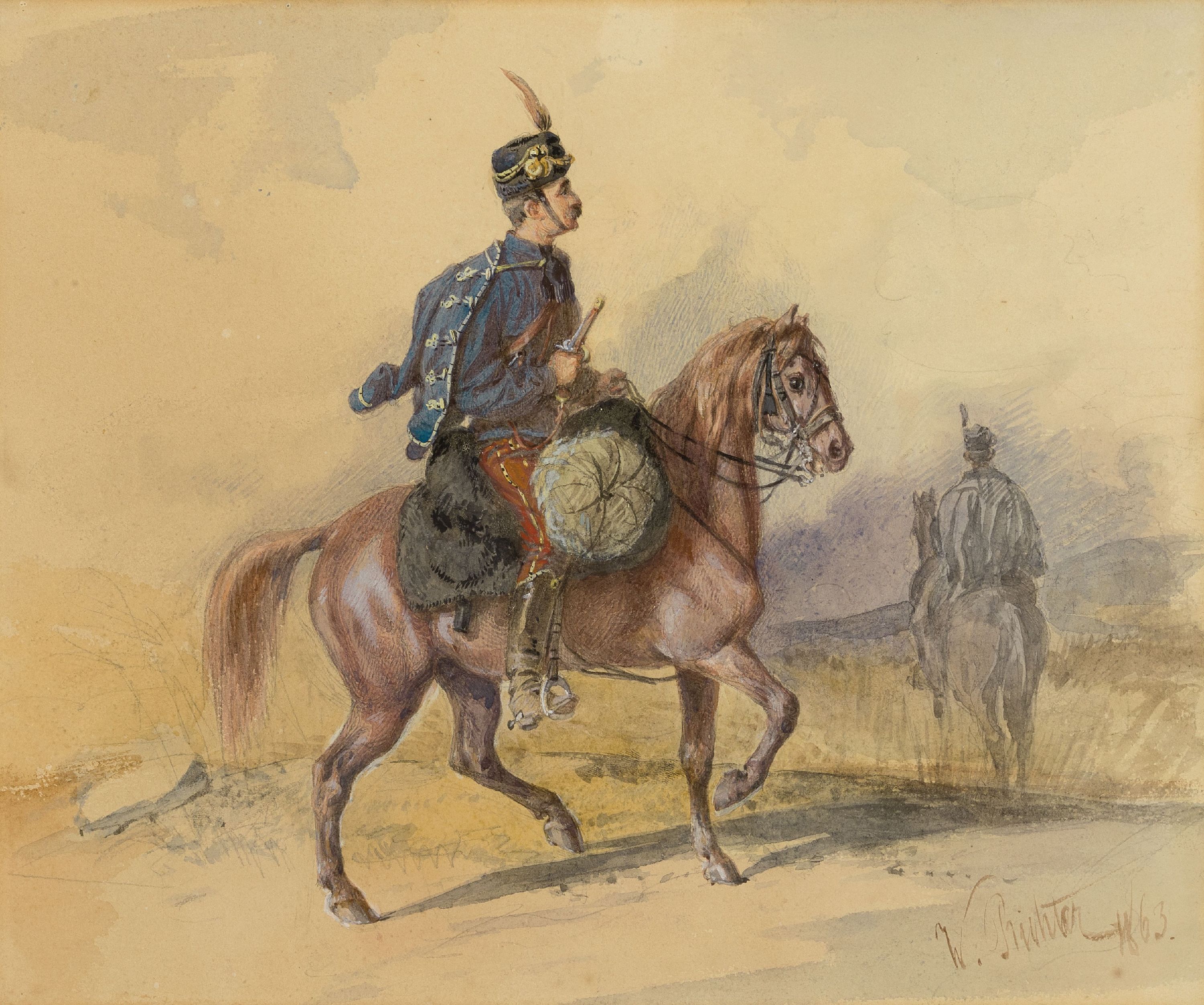 Wilhelm Richter, 1824-1892, Ungarischer Reiter, Aquarell auf Papier, rechts unten sign. und dat. 1863, ca. 24x29cm, PP, u.Gl., R. ca. 42x48cm