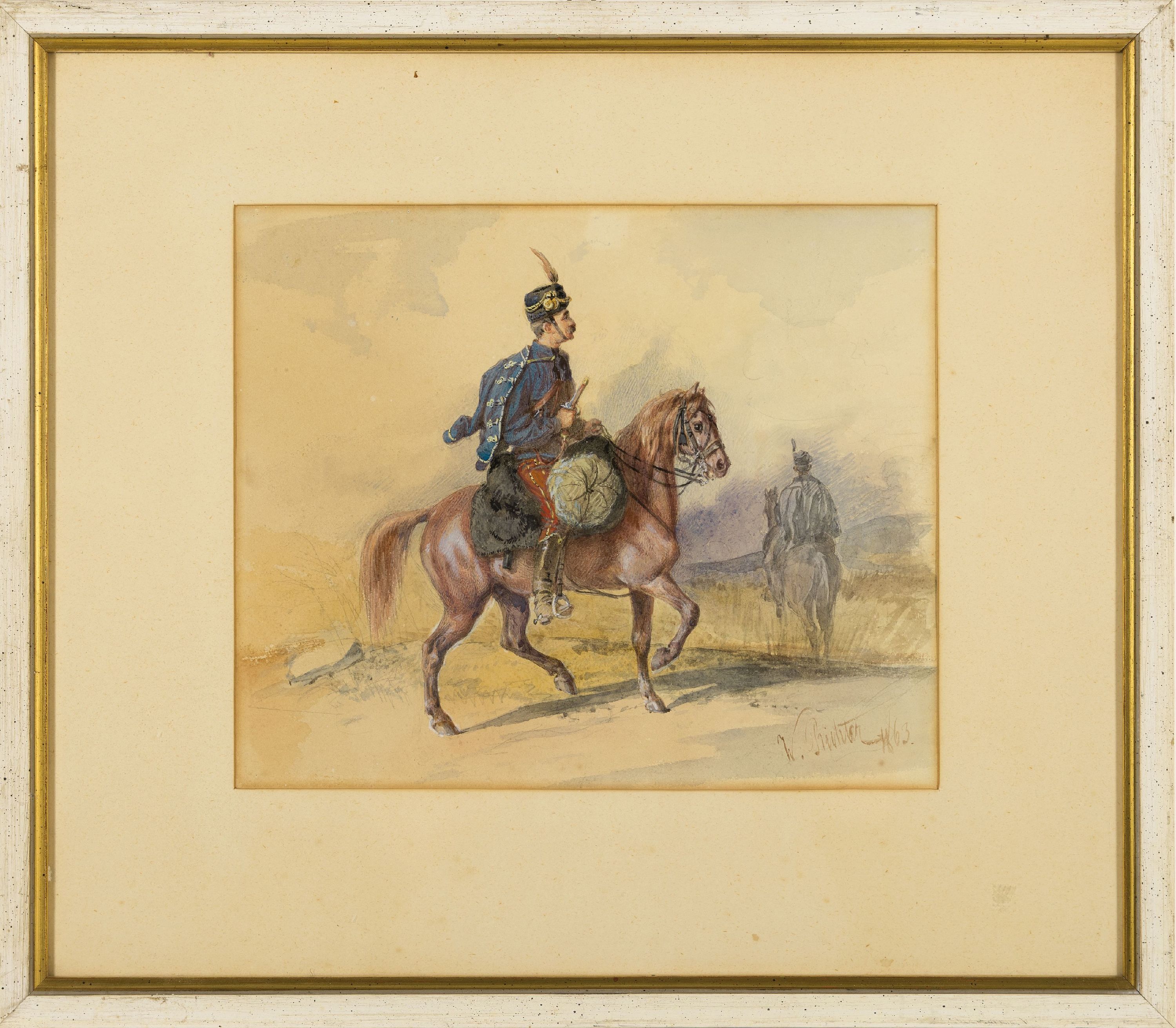 Detail k: Wilhelm Richter, 1824-1892, Ungarischer Reiter, Aquarell auf Papier, rechts unten sign. und dat. 1863, ca. 24x29cm, PP, u.Gl., R. ca. 42x48cm