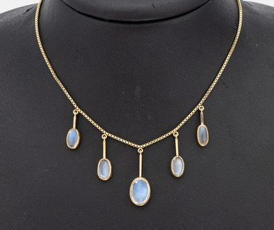 Image 14 kt Gold Mondstein-Collier, GG 585/000, Venezianer-Kette, 5 längliche bewegl. ...