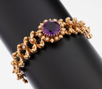 Image 26960905 - 14 kt Gold Amethyst-Perl-Armreif, um 1880-90, GG 585/000, wohl deutsch, Scherenglieder, ...