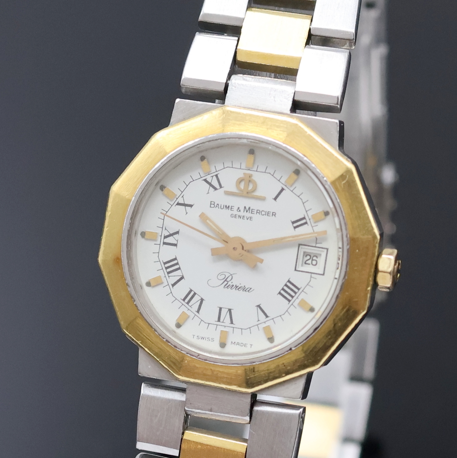 Detail a: BAUME & MERCIER Riviera Damenarmbanduhr in Stahl/Gold Referenz 5221.018, Schweiz 1980er Jahre, quarz, 12-eckiges Geh., Boden verschr., integr. orig. ...