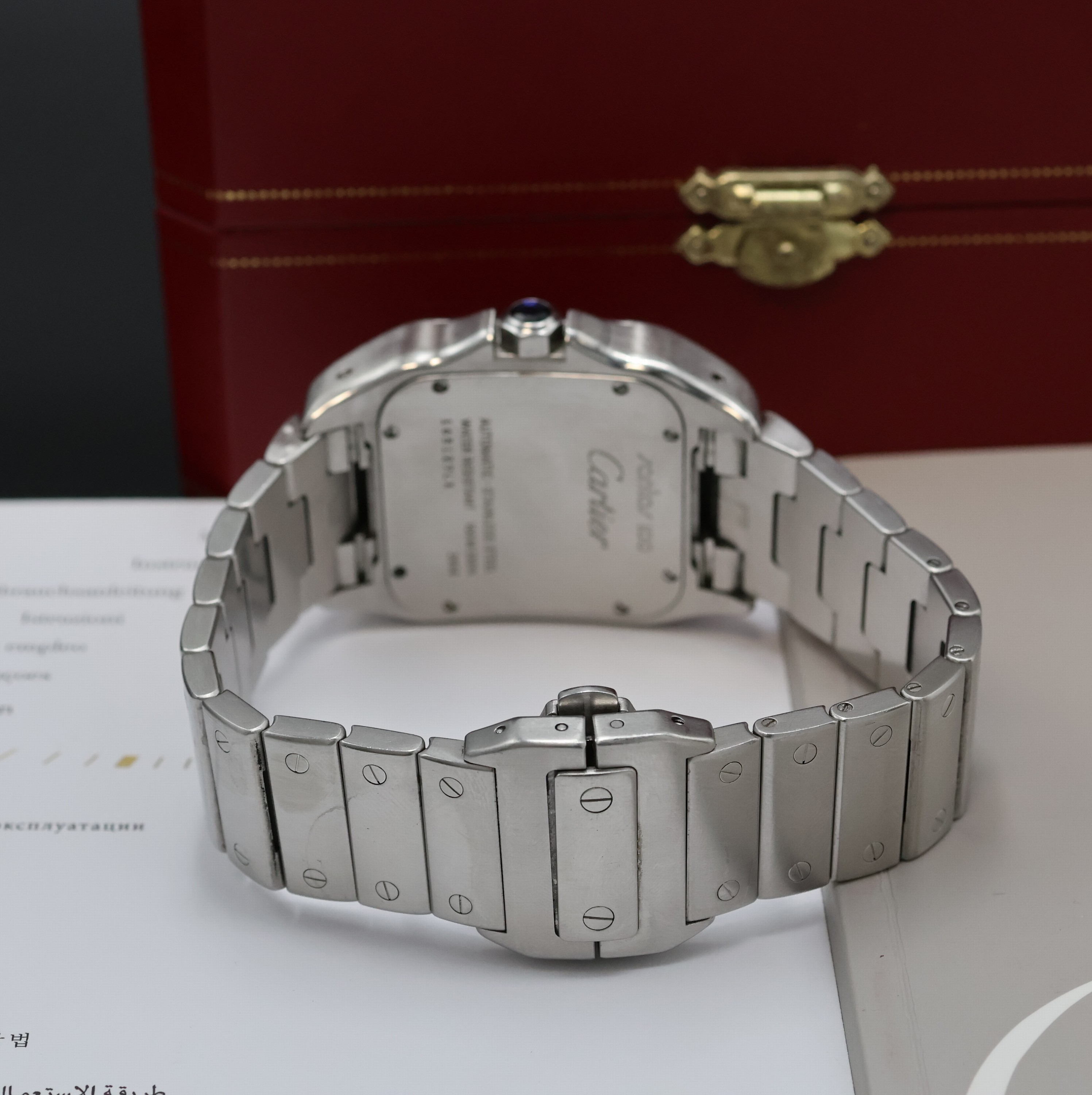 Detail b: CARTIER Armbanduhr Santos 100 Referenz 2656,Automatik, Edelstahlgeh. inkl. Gliederband m. dopp. Faltschl., Boden und Lünette 8-fach verschr., silb. ...