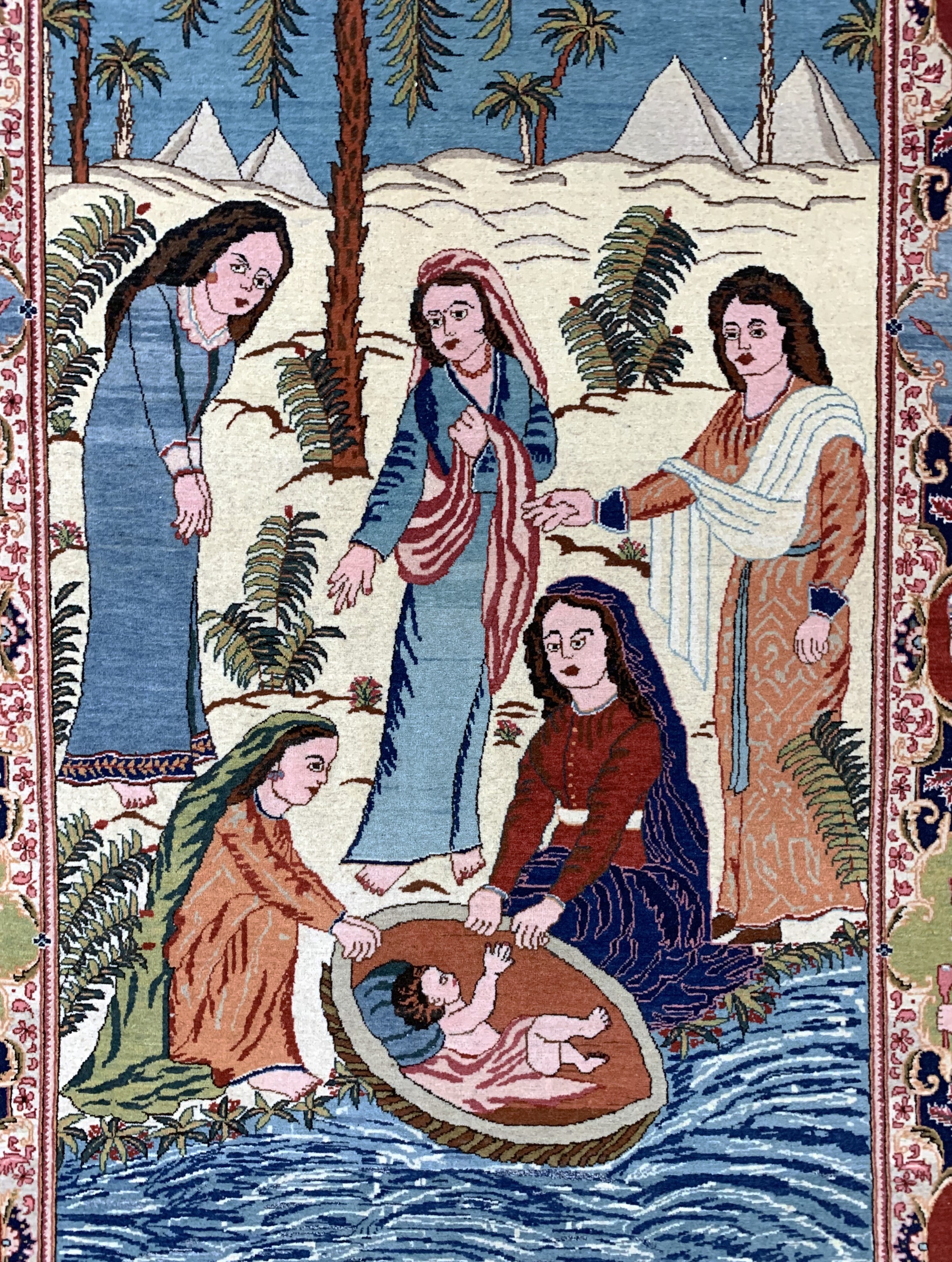 Detail b: Keschan fein alt Persien, "Moses Geschichte", Anfang 20.Jhd, Wolle auf Baumwolle, ca. 213 x 135 cm, EHZ: 1-2, (fachkundig gereinigt).