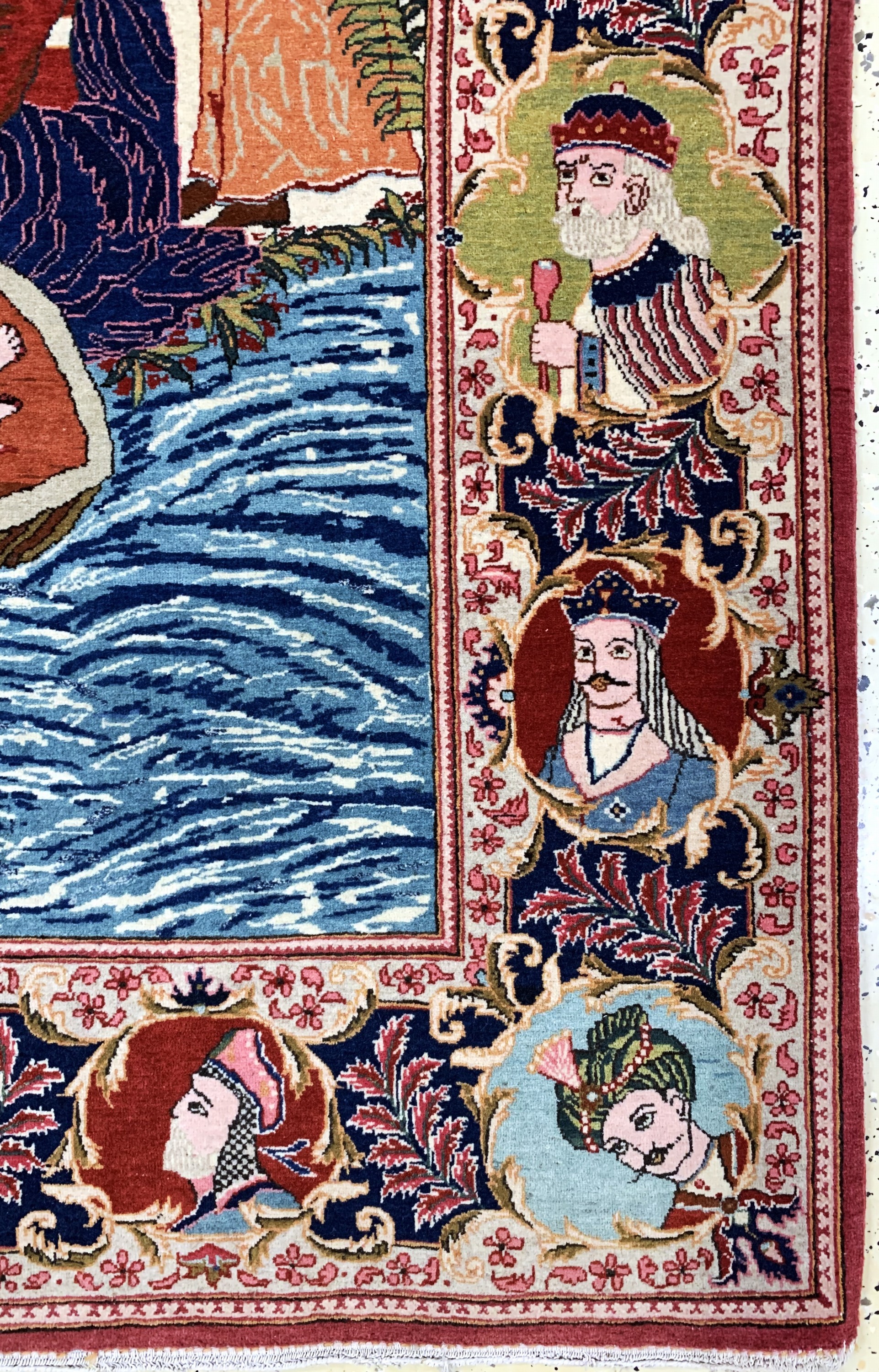 Detail c: Keschan fein alt Persien, "Moses Geschichte", Anfang 20.Jhd, Wolle auf Baumwolle, ca. 213 x 135 cm, EHZ: 1-2, (fachkundig gereinigt).