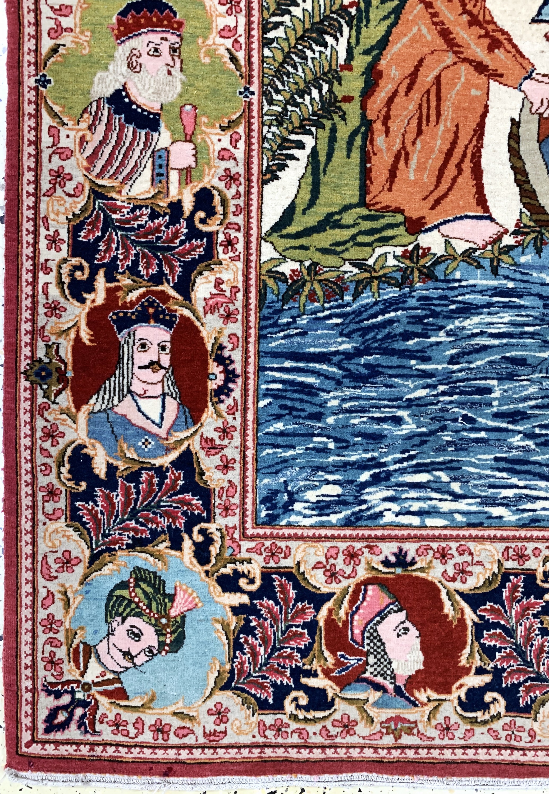 Detail d: Keschan fein alt Persien, "Moses Geschichte", Anfang 20.Jhd, Wolle auf Baumwolle, ca. 213 x 135 cm, EHZ: 1-2, (fachkundig gereinigt).