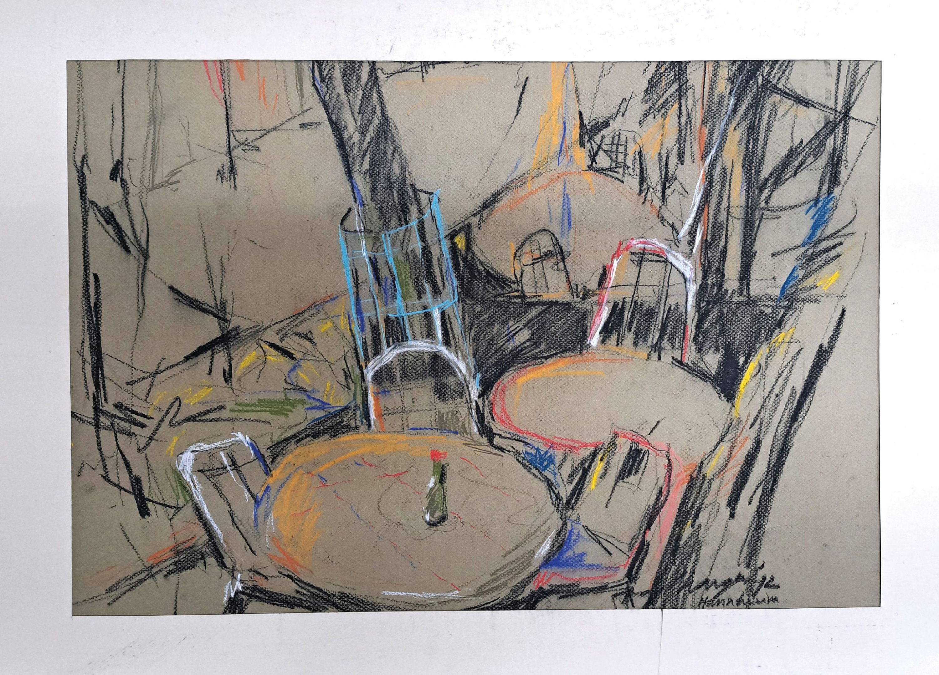 Detail k: Sudhangsu Bandyopadhyay, geb. 1949, Straßencafé in Paris, Pastell auf graubraunem Papier, rechts unten sign., ca. 48x64cm, PP