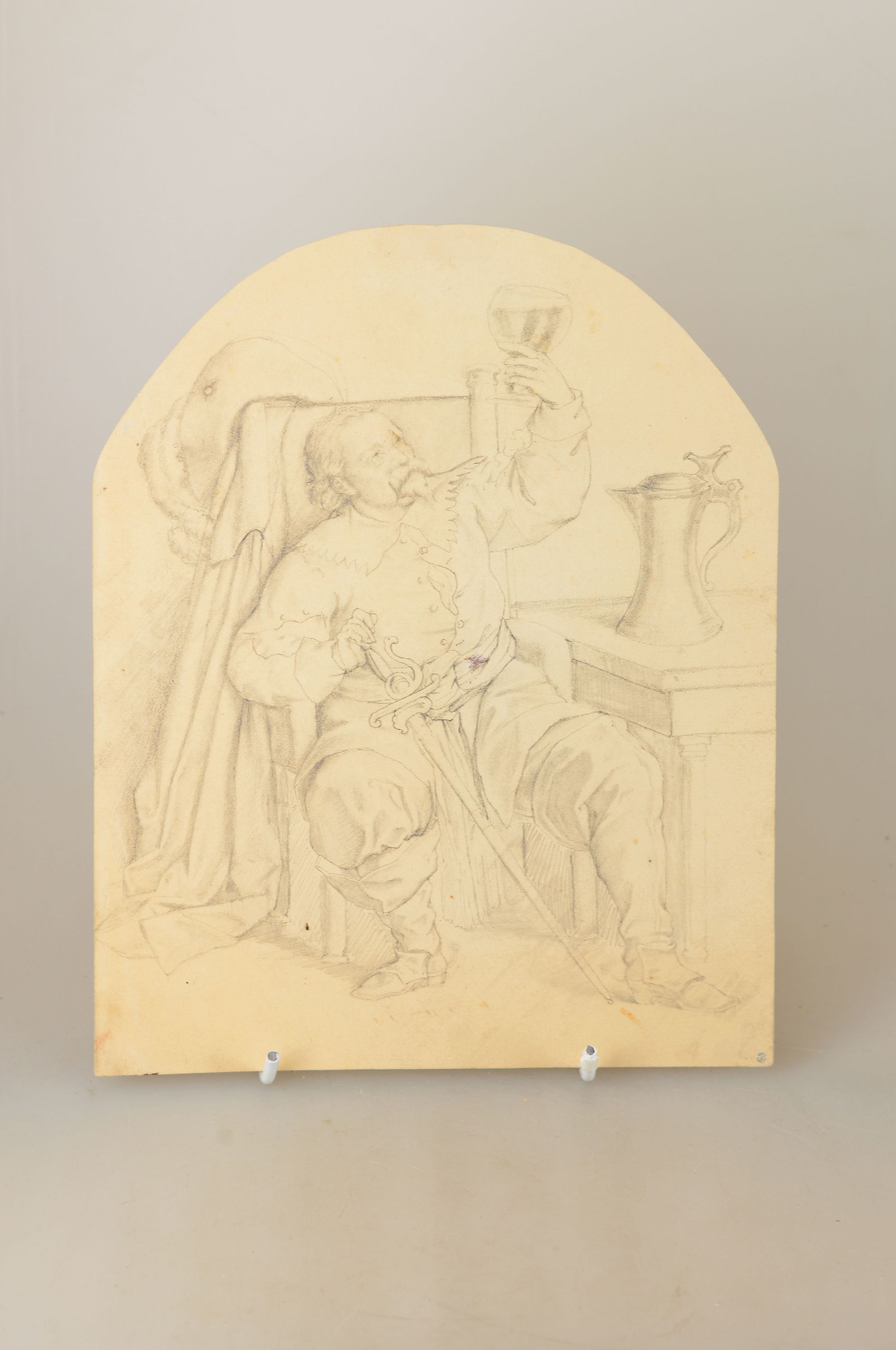 Detail a: Meno Mühlig, 1823 Eibenstock-1873 Dresden, 3 Bleistiftzeichnungen, 1x Gasthausszene, Ritter bei der Rast einem Mönch die Hand reichend, 20x16 cm; ...