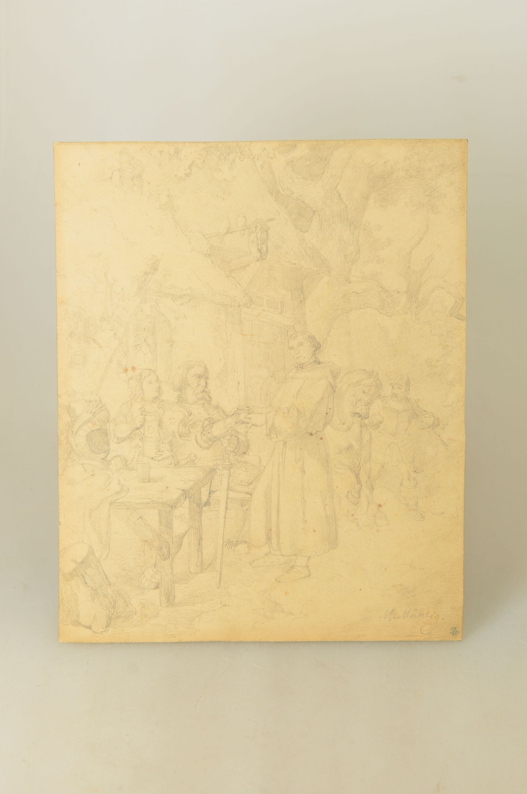 Detail n: Meno Mühlig, 1823 Eibenstock-1873 Dresden, 3 Bleistiftzeichnungen, 1x Gasthausszene, Ritter bei der Rast einem Mönch die Hand reichend, 20x16 cm; ...