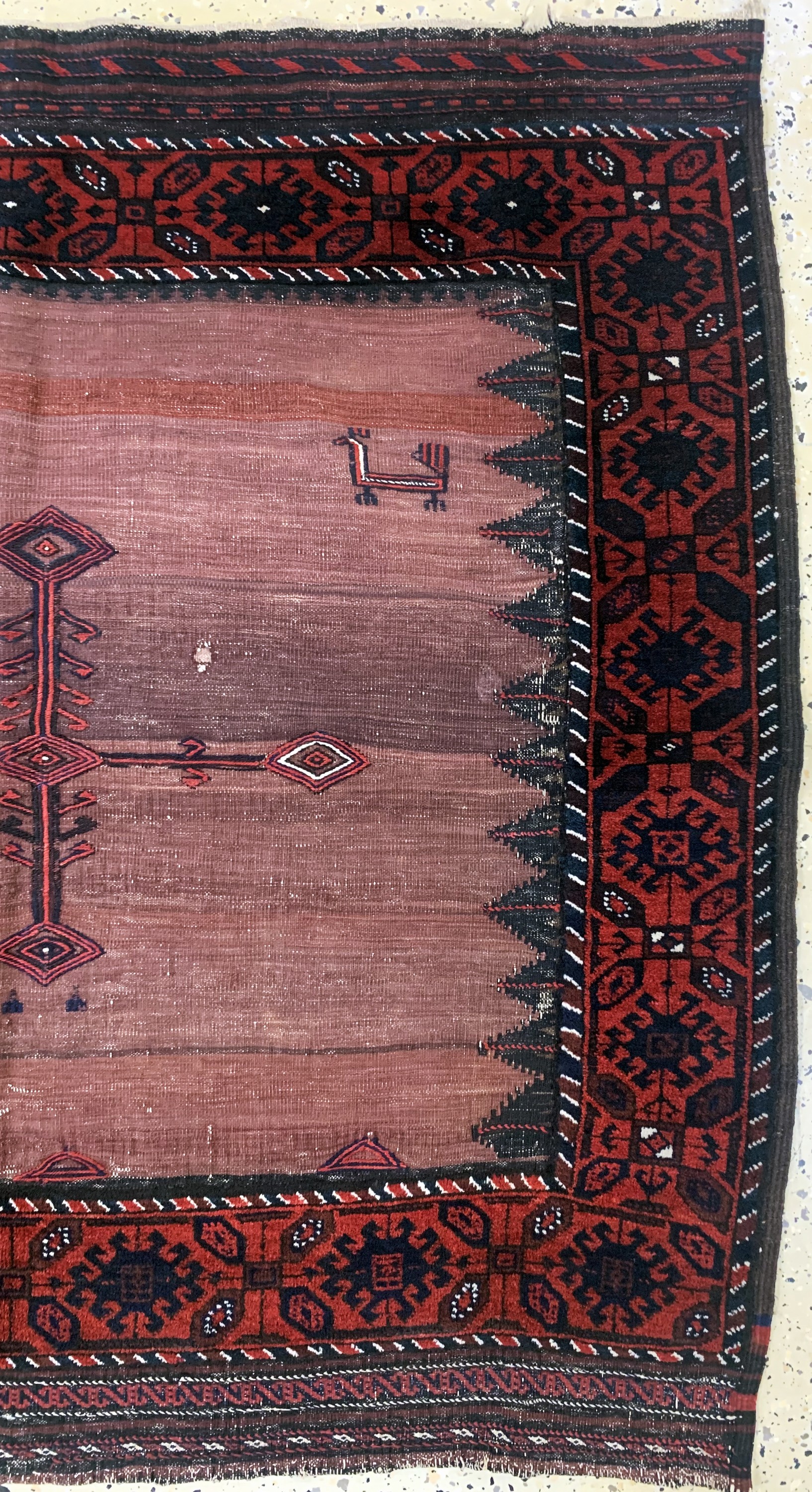 Detail a: Belutsch"Sofreh"antik, Persien, um 1900, Wolle auf Wolle, ca. 120 x 125 cm, EHZ: 2-3(geflickt)