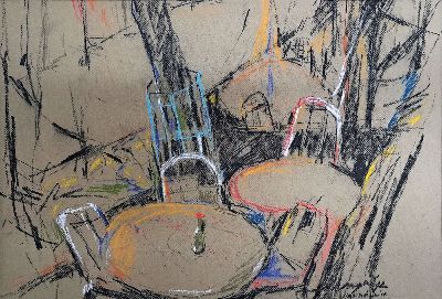 Image 26961450 - Sudhangsu Bandyopadhyay, geb. 1949, Straßencafé in Paris, Pastell auf ...