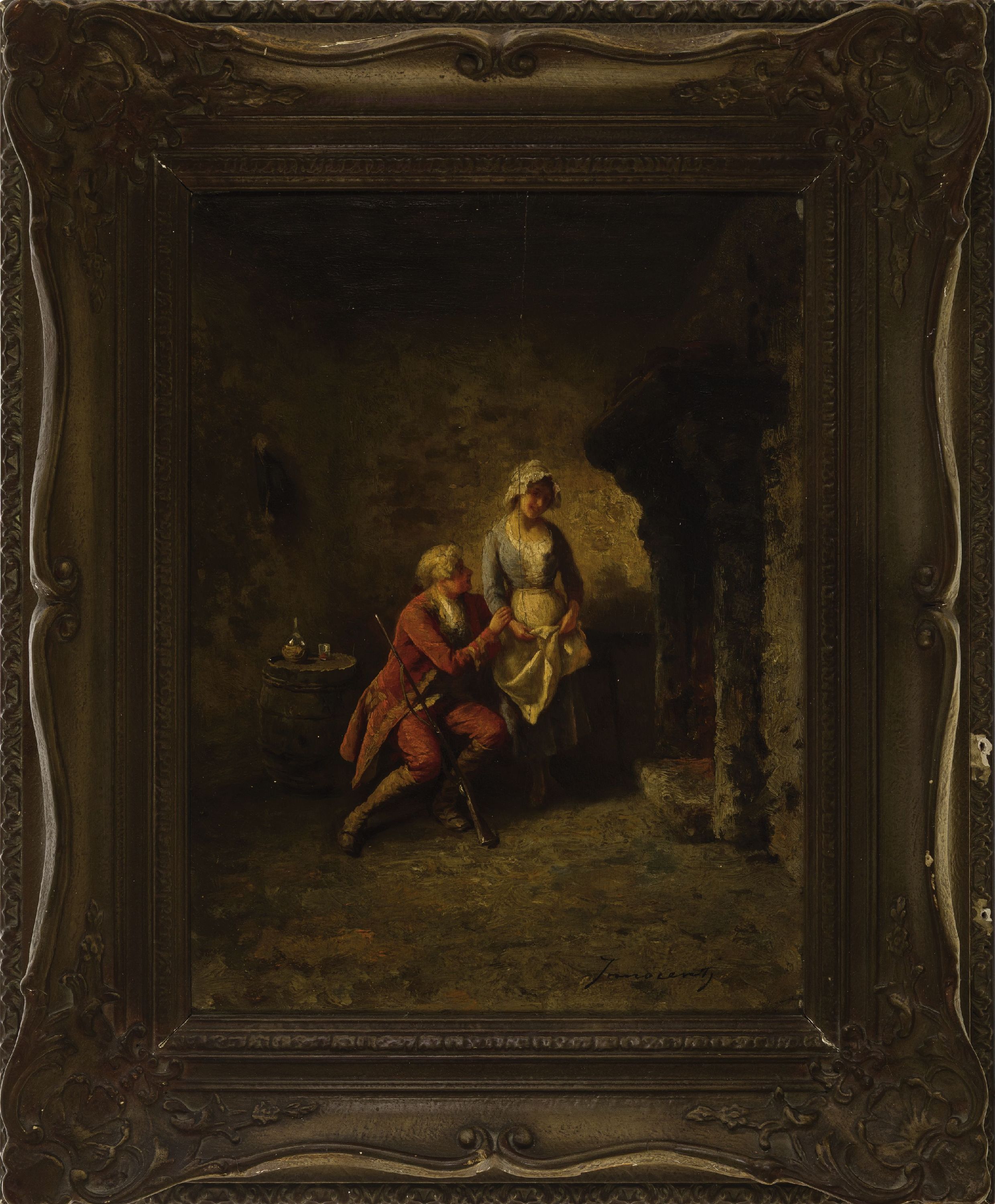Detail k: Guglielmo Innocenti, 1871-1961, Interieur, intime Szene zwischen Magd und Edelmann, rechts unten signiert, Öl/Holz, Platte vertikal mittig ...