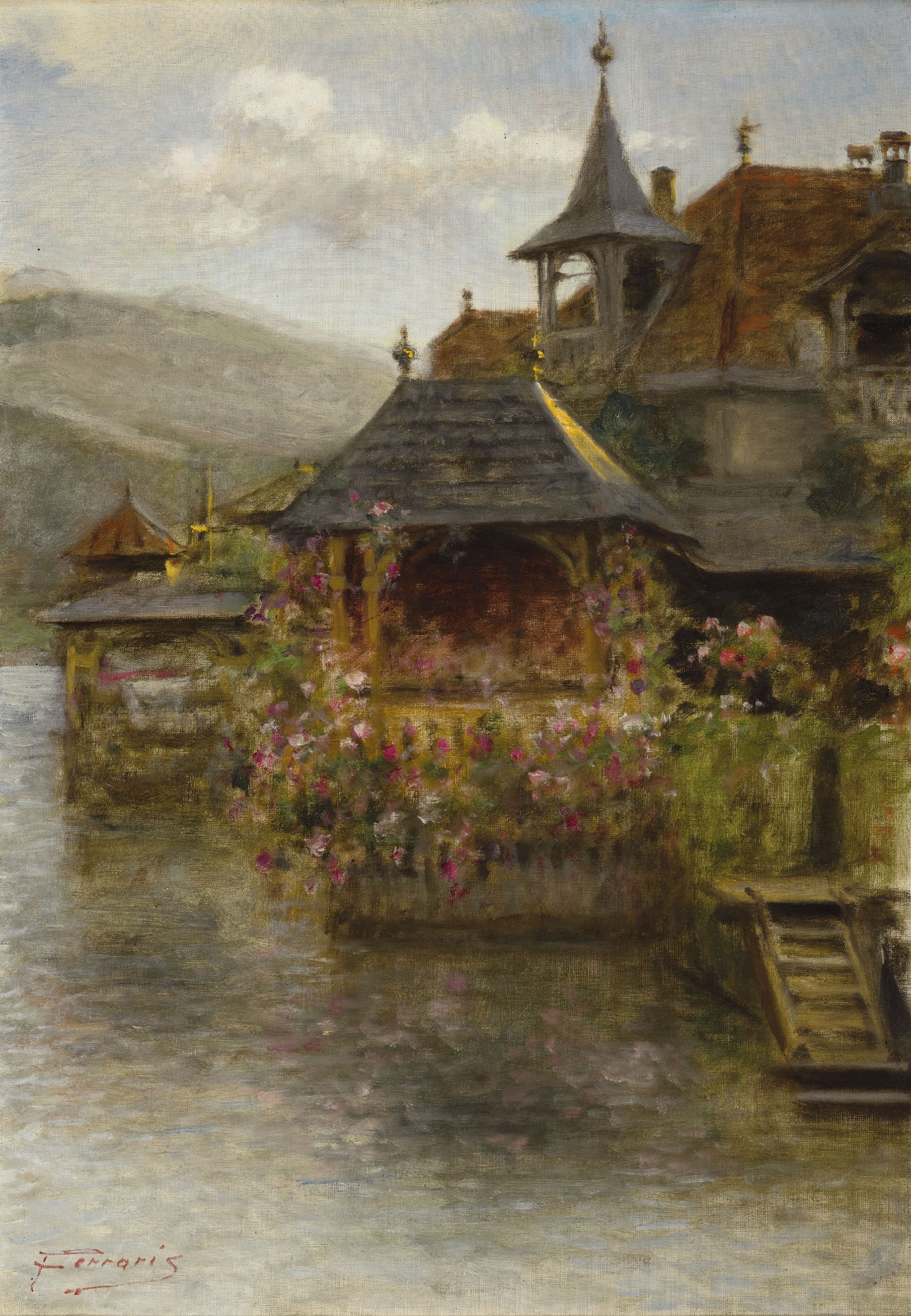 Artur Ferraris, 1856 Galkowitz-1936 Wien, Chateau am See, Rosen umrankter Pavillon, Öl/Lwd, links unten signiert, 68x49 cm, Rahmen 80x60 cm