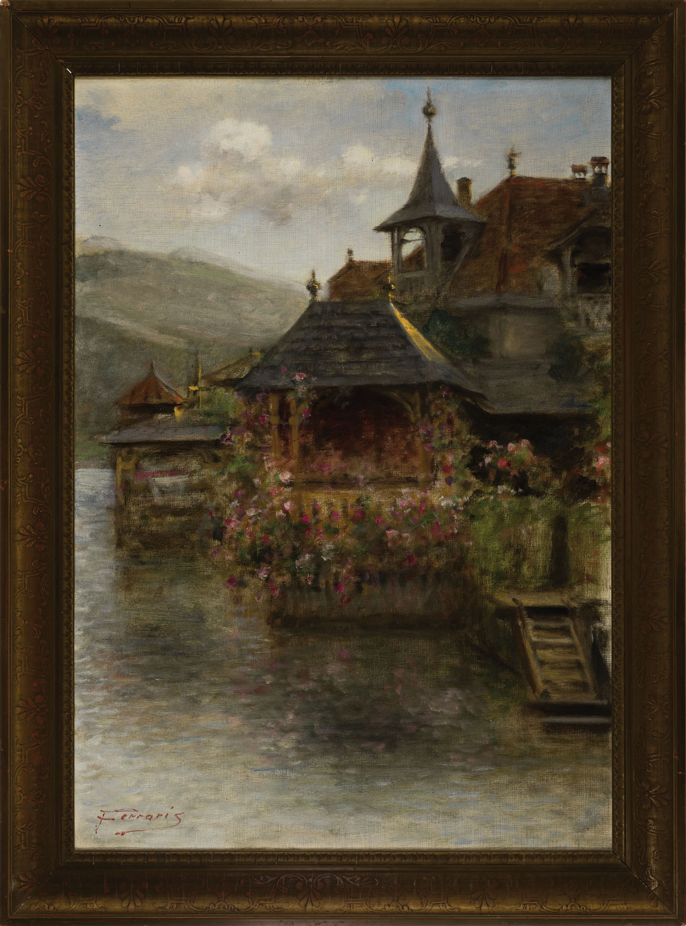 Detail k: Artur Ferraris, 1856 Galkowitz-1936 Wien, Chateau am See, Rosen umrankter Pavillon, Öl/Lwd, links unten signiert, 68x49 cm, Rahmen 80x60 cm