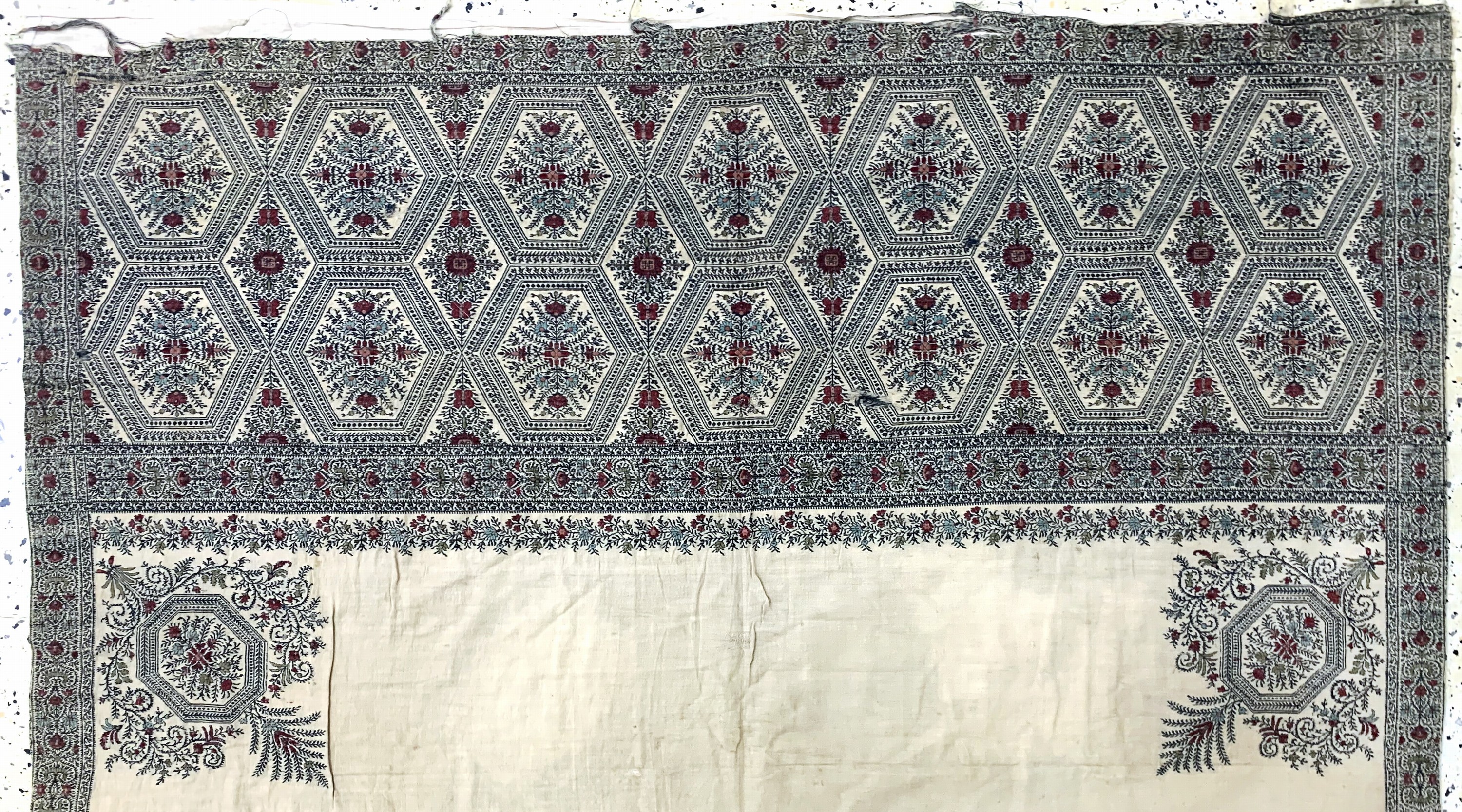 Detail a: Ghalamkar antik, Indien, Anfang 20.Jhd, bedruckter Stoff, ca. 280 x 135 cm, EHZ: 3(Risse & verschmutzt).