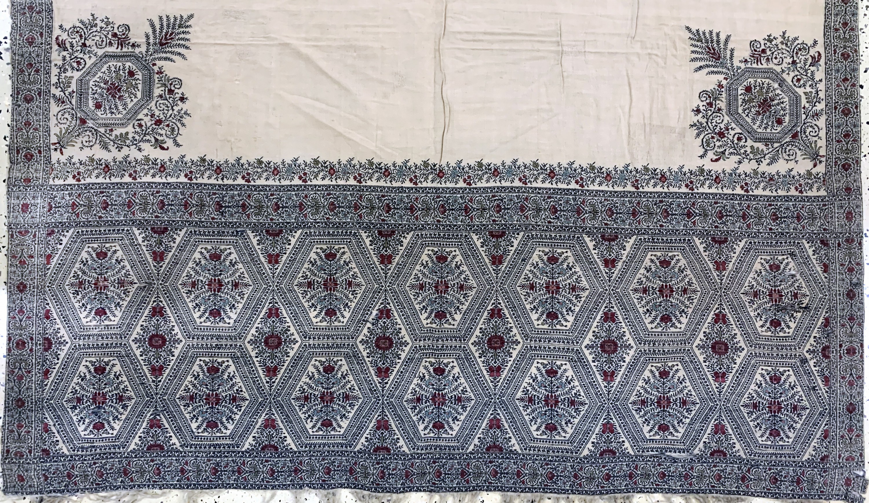 Detail c: Ghalamkar antik, Indien, Anfang 20.Jhd, bedruckter Stoff, ca. 280 x 135 cm, EHZ: 3(Risse & verschmutzt).