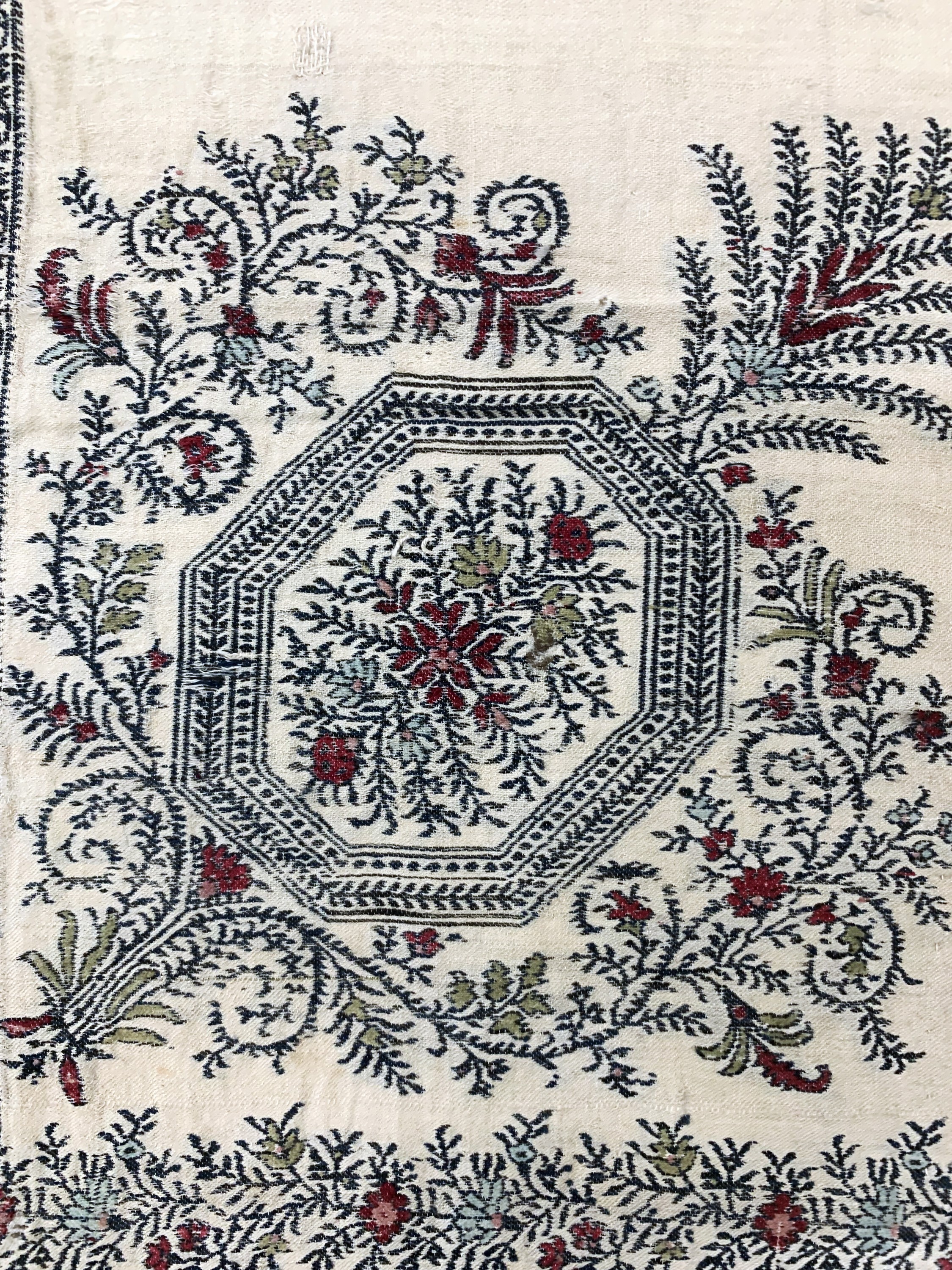 Detail d: Ghalamkar antik, Indien, Anfang 20.Jhd, bedruckter Stoff, ca. 280 x 135 cm, EHZ: 3(Risse & verschmutzt).