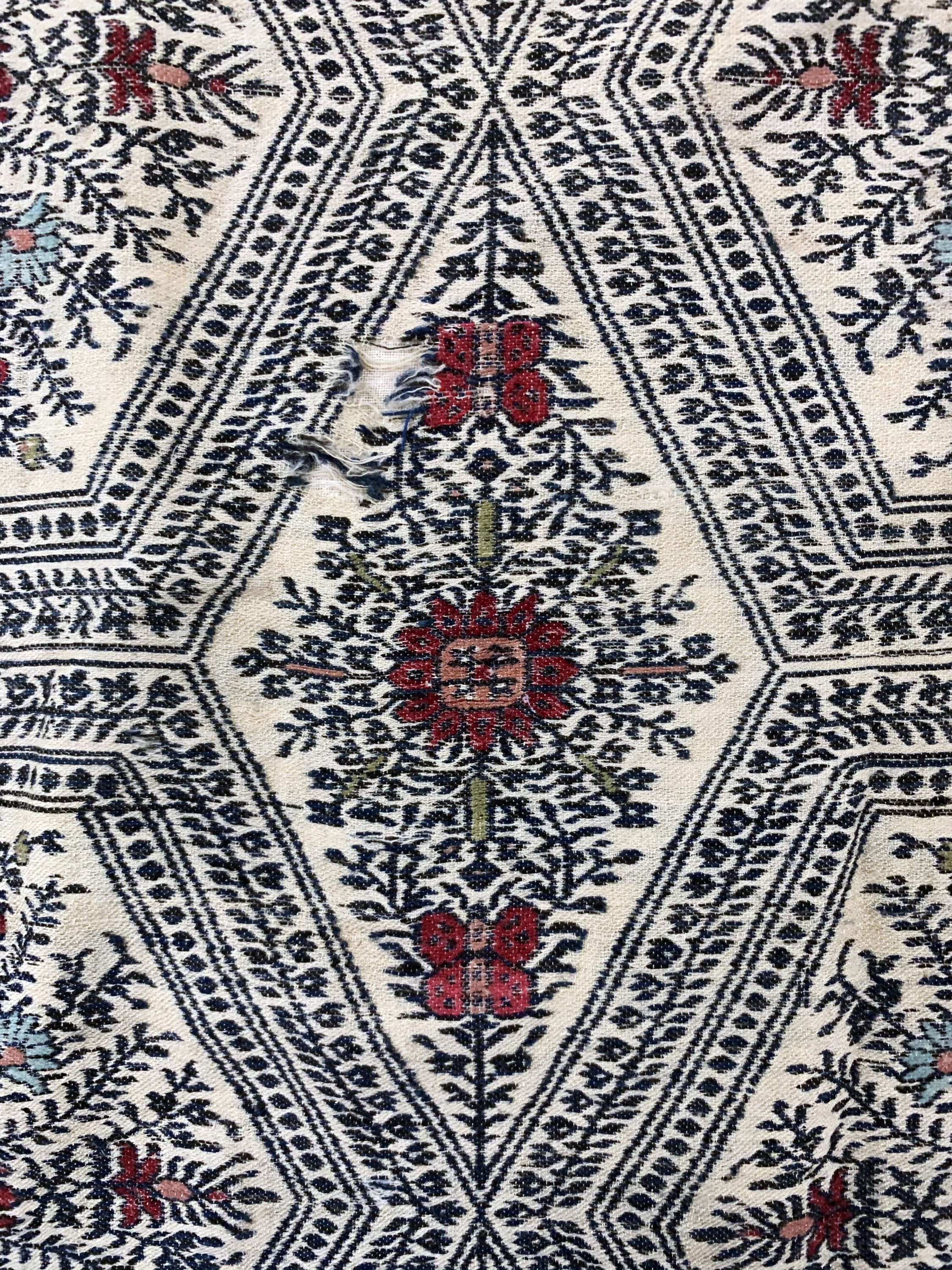 Detail e: Ghalamkar antik, Indien, Anfang 20.Jhd, bedruckter Stoff, ca. 280 x 135 cm, EHZ: 3(Risse & verschmutzt).