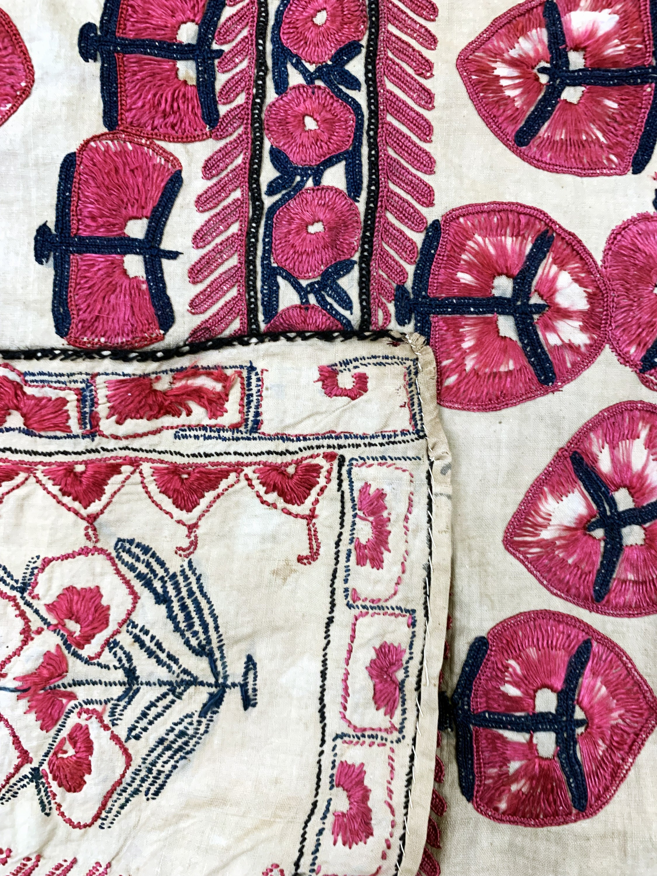 Detail g: Seiden Susani antik, Turkmenistan, um 1900,Seidenstickerei, ca. 210 x 125 cm, EHZ: 2(Risse & verschmutzt)