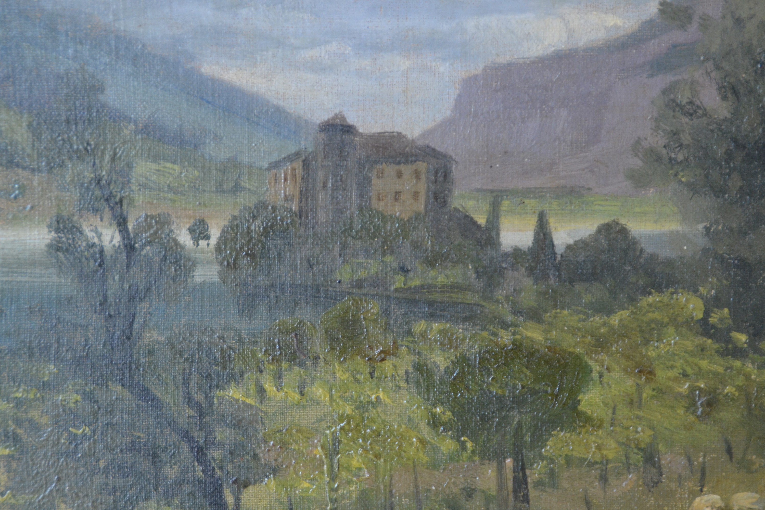 Detail b: Josef Schoyerer, 1844 Berching-1923 München, Tiroler Landschaft mit Blick auf ein Schloß, rechts unten signiert, Öl/Karton, 40x50 cm, Rahmen 52x62 ...