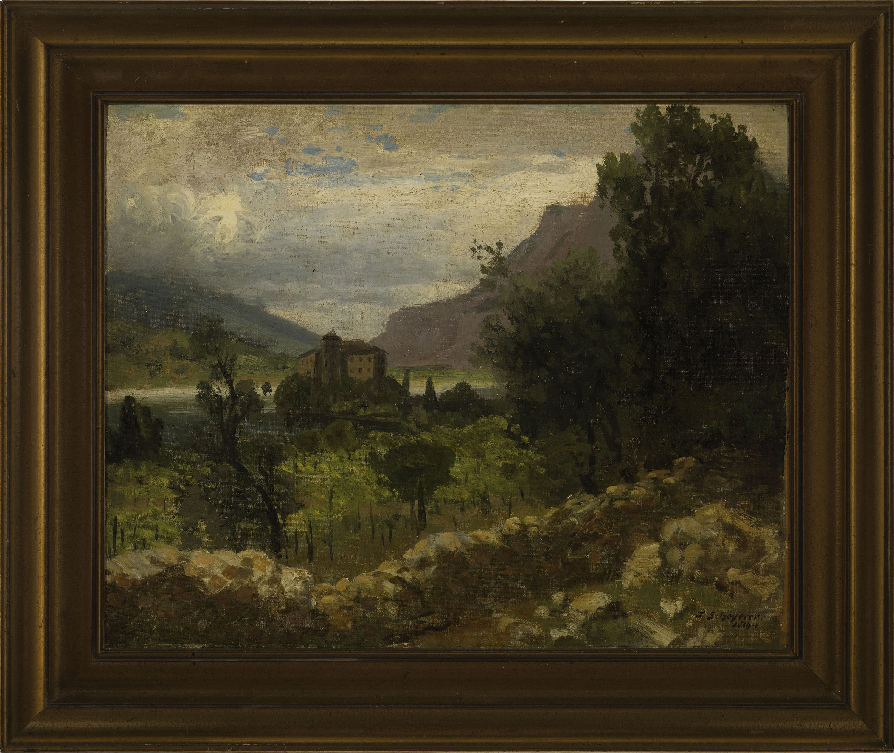 Detail k: Josef Schoyerer, 1844 Berching-1923 München, Tiroler Landschaft mit Blick auf ein Schloß, rechts unten signiert, Öl/Karton, 40x50 cm, Rahmen 52x62 ...