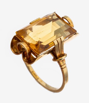 Image 14 kt Gold Citrin-Ring, GG 585/000, Citrin im Treppenschliff, geschwungene ...