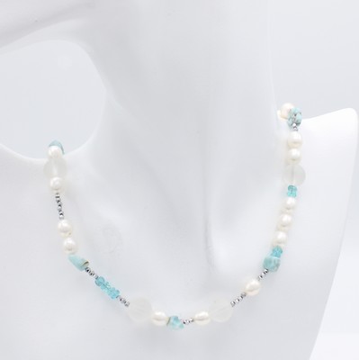 26961667a - Süßwasserzuchtperlenkette mit Farbsteinen, 925er Silber, Apatite, ...