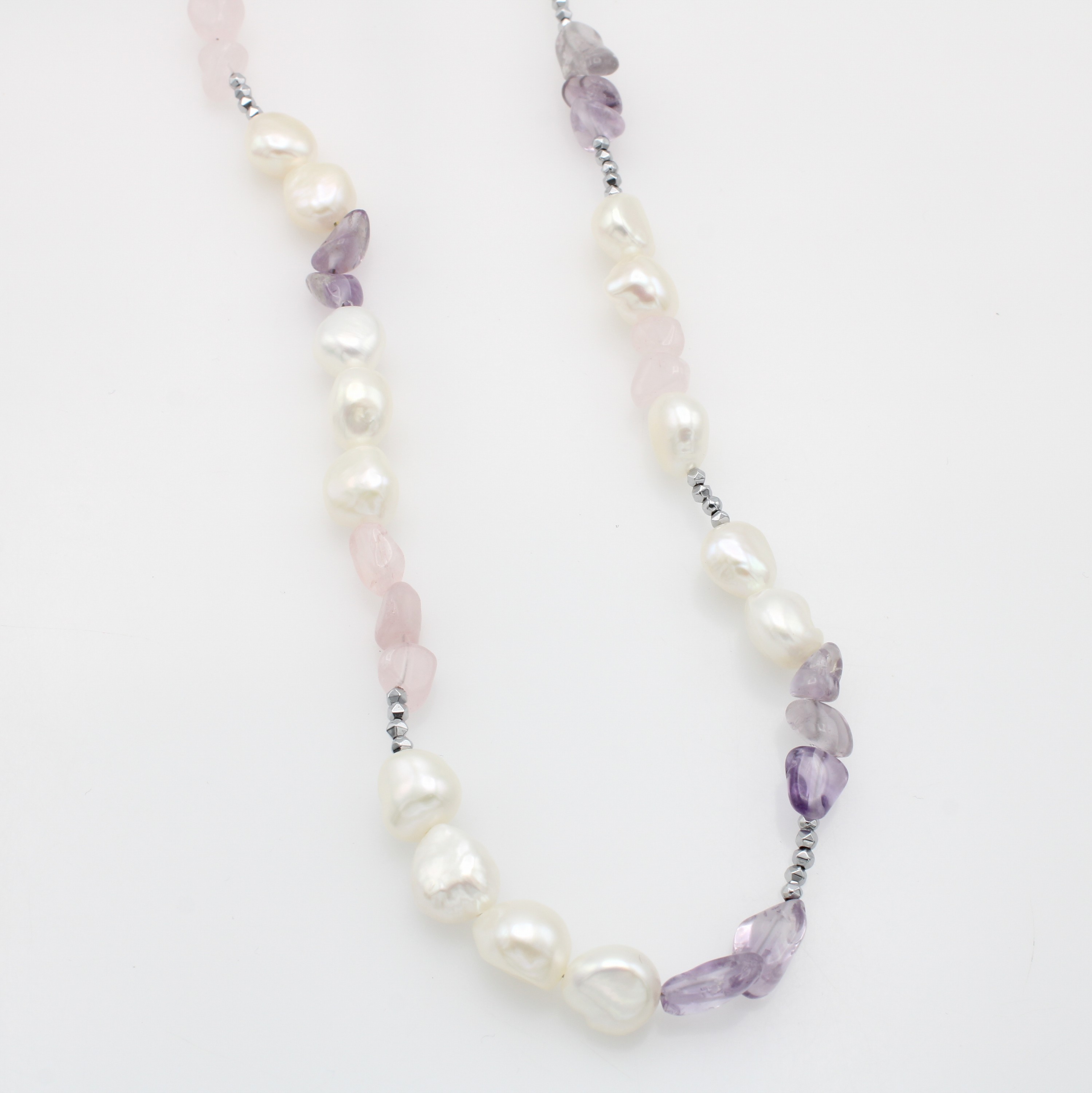Image 26961705 - Süßwasserzuchtperlenkette mit Farbsteinen, 925er Silber, Amethyste, Rosenquarze und ...