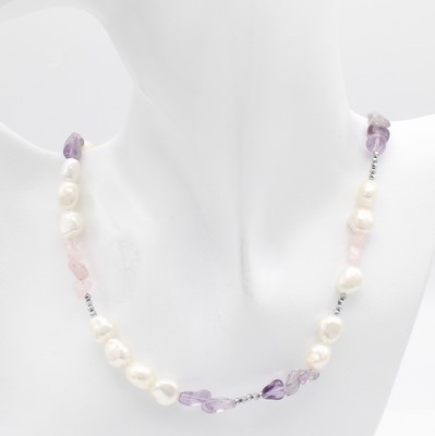26961705a - Süßwasserzuchtperlenkette mit Farbsteinen, 925er Silber, Amethyste, Rosenquarze und ...