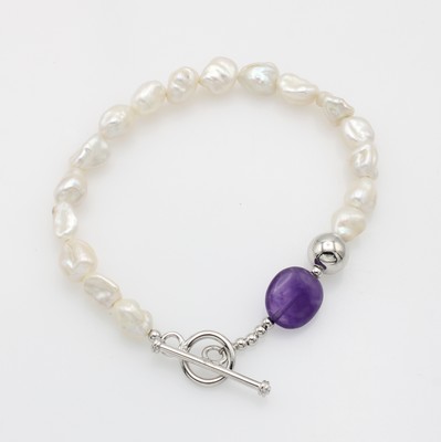 Image 26961707 - Süßwasserzuchtperlenarmband mit Amethyst, 925er Silber, Knebelschließe, ...
