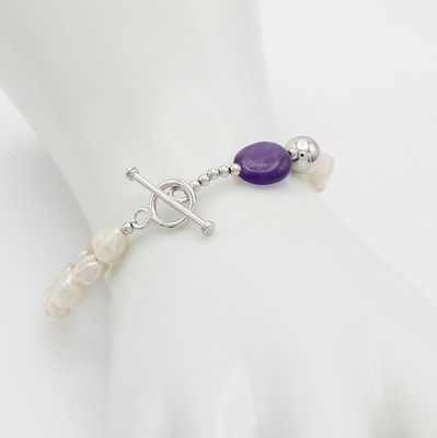 26961707a - Süßwasserzuchtperlenarmband mit Amethyst, 925er Silber, Knebelschließe, ...