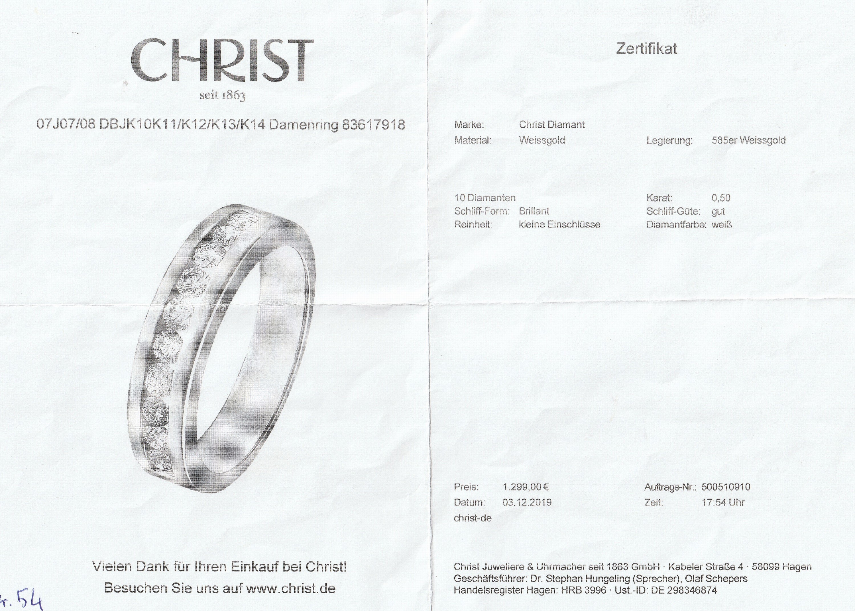 Detail a: 14 kt Gold CHRIST Brillant-Ring, WG 585/000, 10 Brillanten zus. ca. 0.50 ct Weiß/si, RW 54, ca. 5.5 g, sign., mit Etui undKopie des Zertifikat
