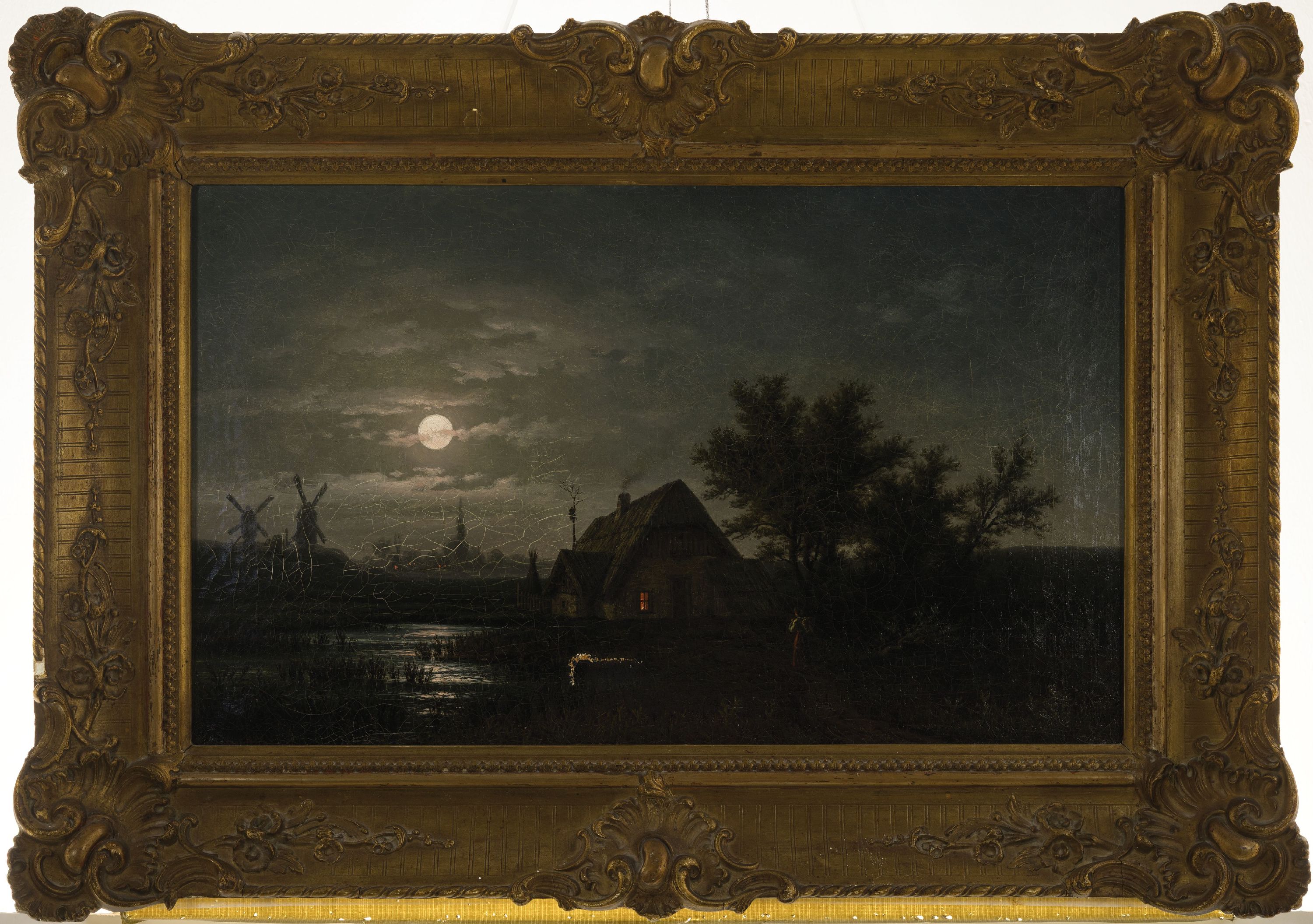 Detail k: Wachena o.ä., datiert 1879, holländische Landschaft bei Vollmond, ausgeprägtes Krakelee, mittig unten Leinwand Schaden, links unten signiert und ...