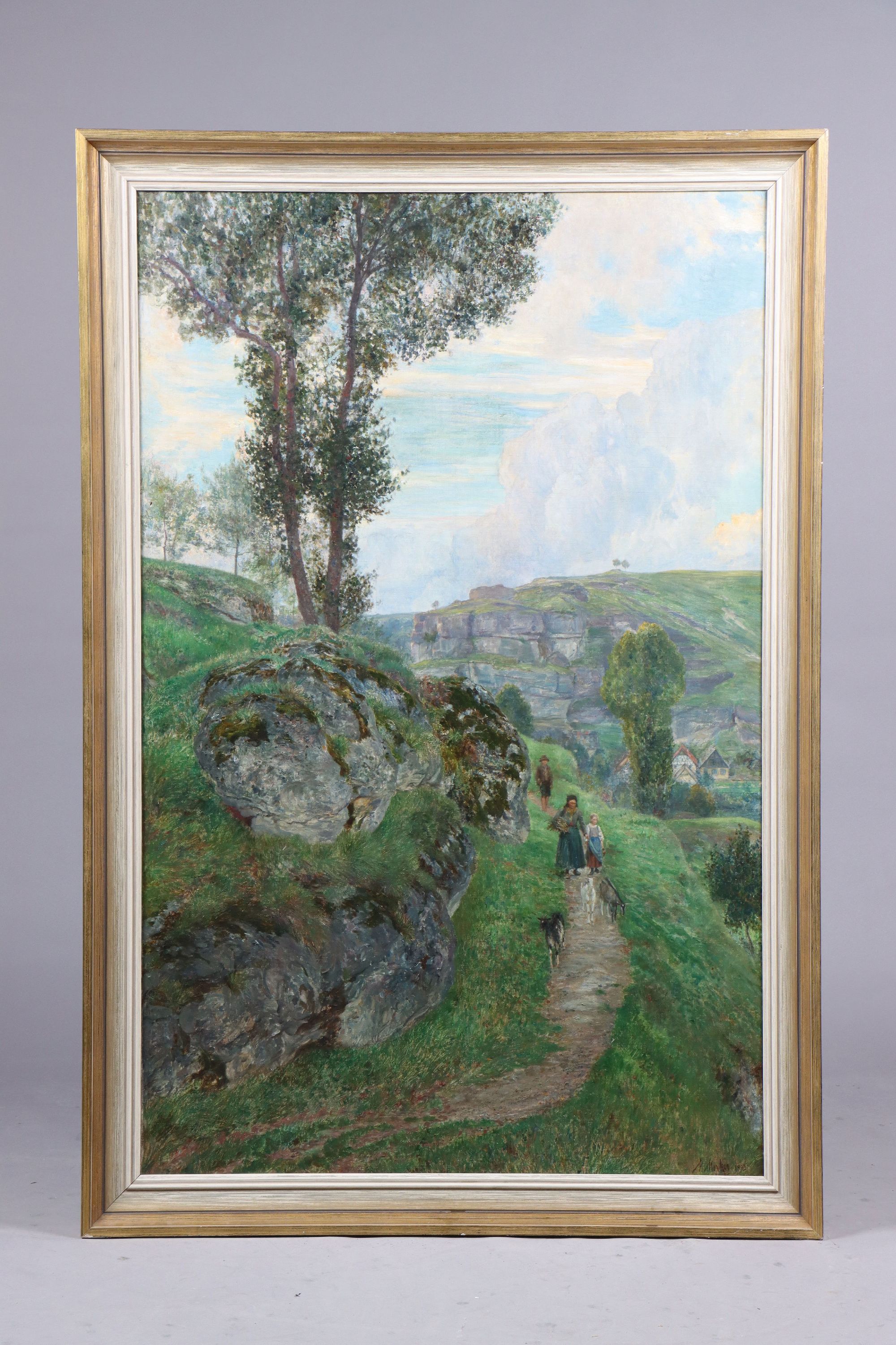 Detail k: Max Merker, 1861-1928 Weimar, Hirten in Harz-Landschaften, hintergründig wohl Blick auf das Regenstein-Felsmassiv, rechts unten signiert und datiert ...
