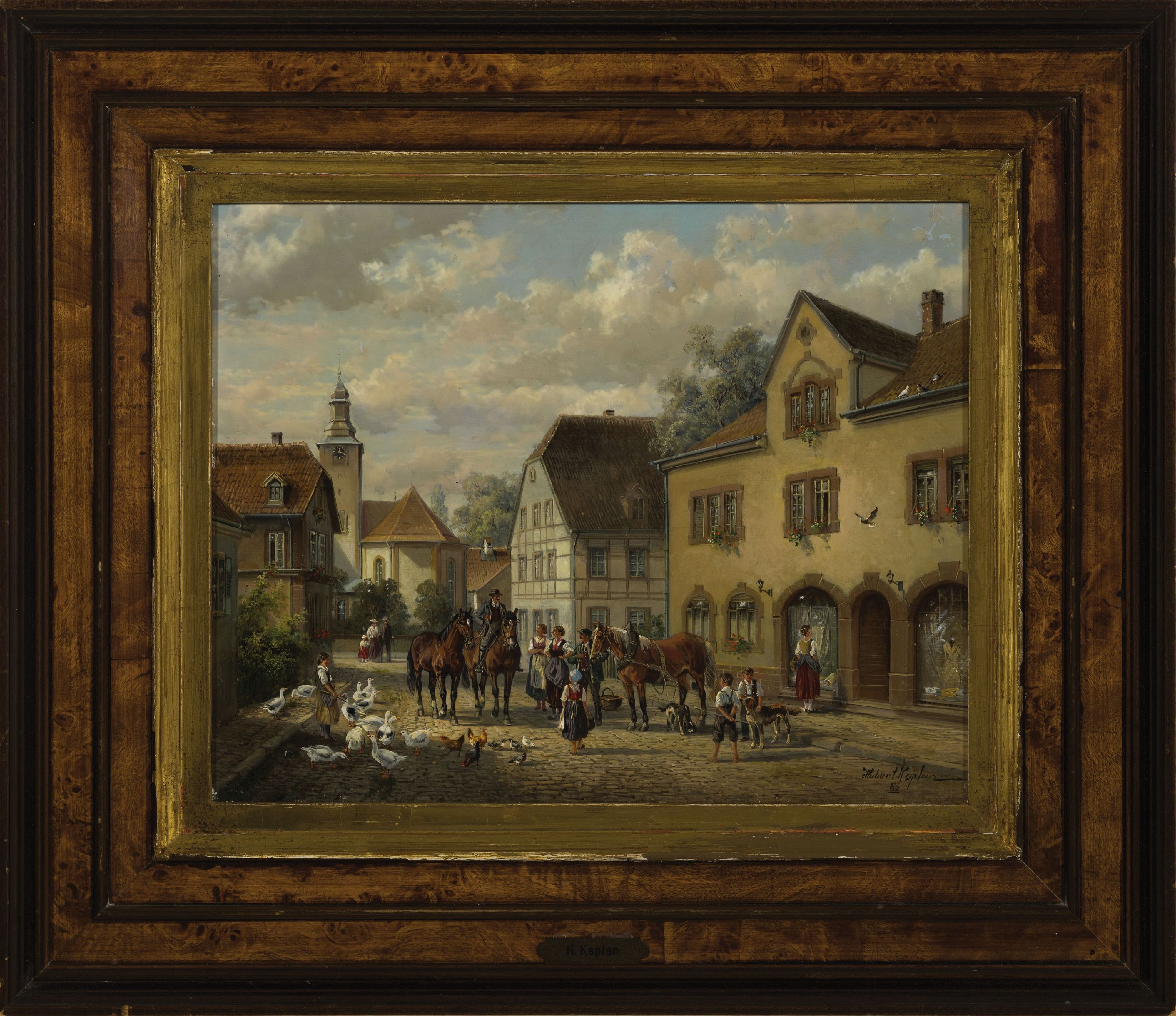 Detail k: Hubert Kaplan, 1940-2024 Egling, Ansicht der Bahnhofstraße in Aglasterhausen, reiche Figurenstaffage mit Gänsemagd, Hirtenknaben und ...