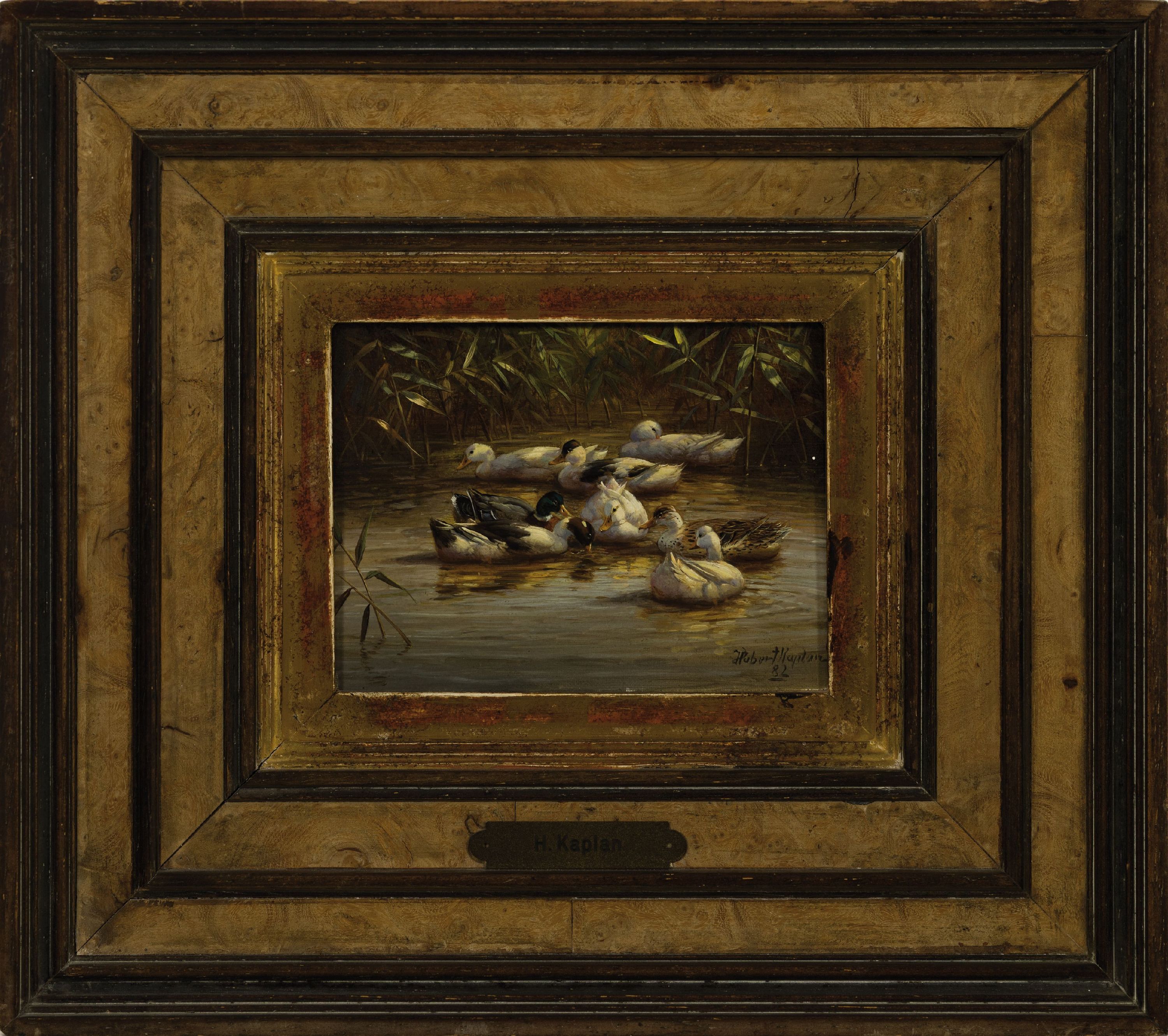 Detail k: Hubert Kaplan, 1940-2024 Egling, Ententeich, Schilfausschnitt mit 8 Enten, rechts unten signiert und datiert 1982, Öl/Holzplatte, 9x12cm, Rahmen ...