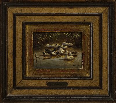 26961869k - Hubert Kaplan, 1940-2024 Egling, Ententeich, Schilfausschnitt mit 8 Enten, rechts unten ...