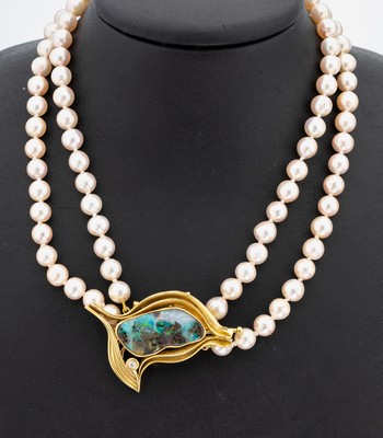 Image Zuchtperl-Collier mit 18 kt Gold Opal- Brillant-Schmuckschließe, GG 750/000, ...