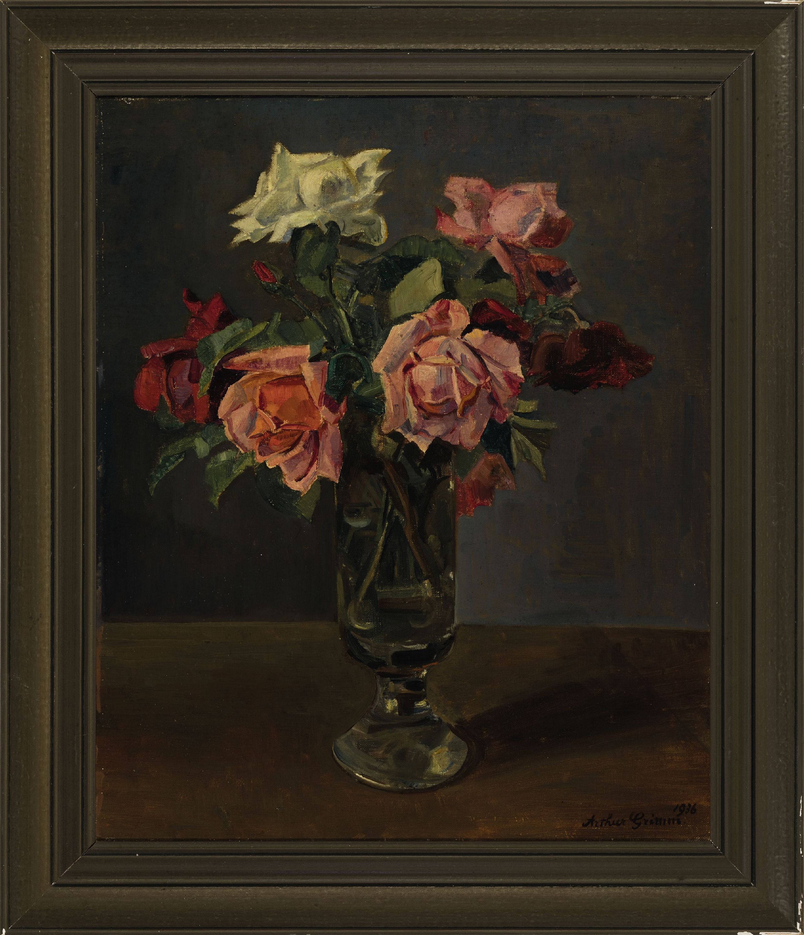 Detail k: Arthur Grimm, 1883 Mudau-1948 Karlsruhe, Stillleben mit Rosen in einer Glasvase, Öl/Lwd, rechts unten sign. und dat. 1936, ca. 60x50cm, R. ca. ...