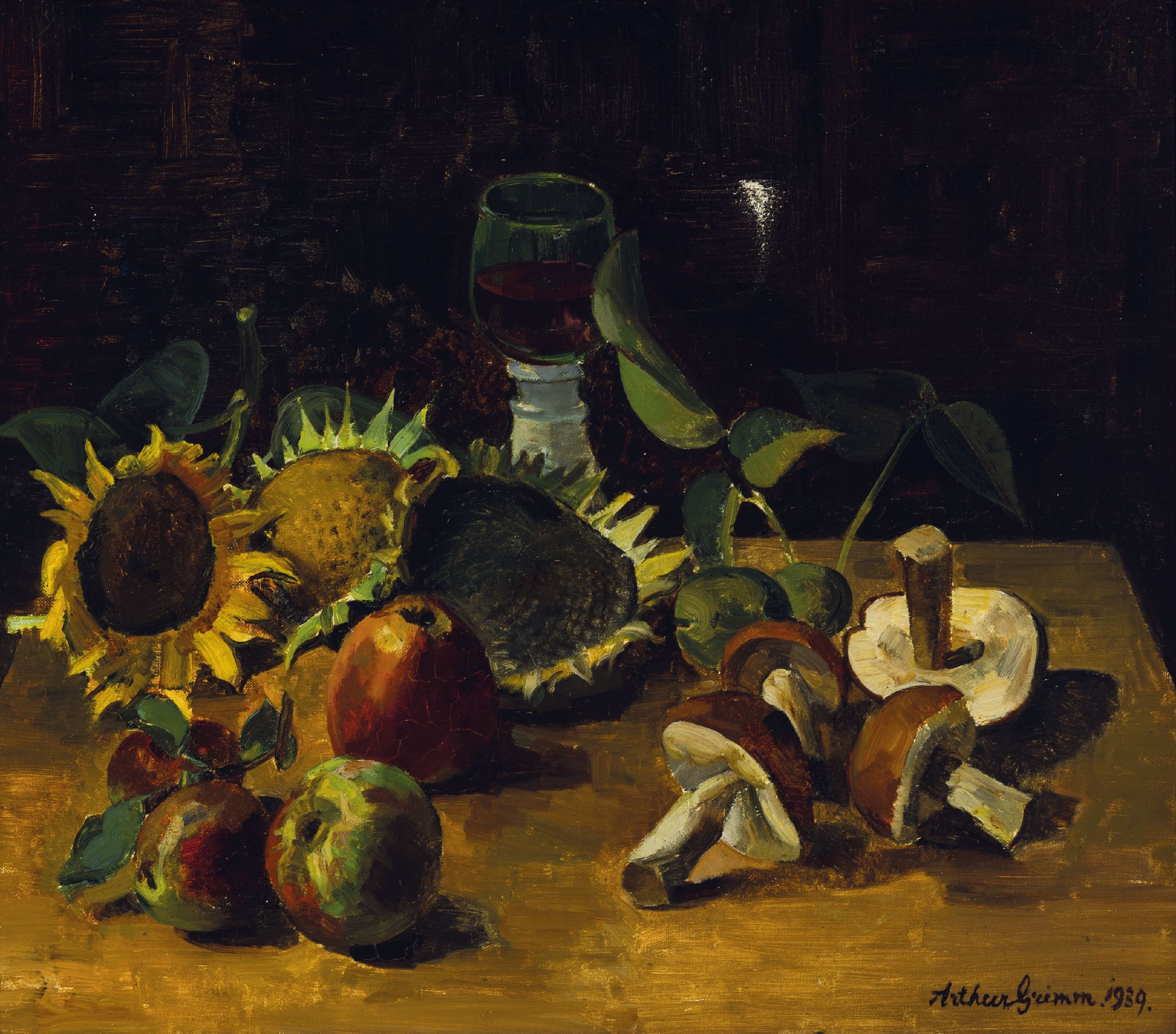 Arthur Grimm, 1883 Mudau-1948 Karlsruhe, Stillleben mit Sonnenblumen, Äpfel, Pilzen und Weinglas, Öl/Lwd, rechts unten sign. und dat. 1939, ...
